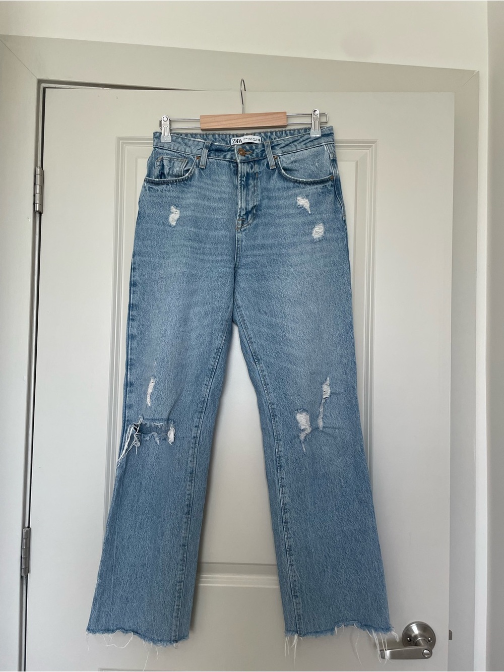Zara Light Blue Distressed Straight Leg Jeans